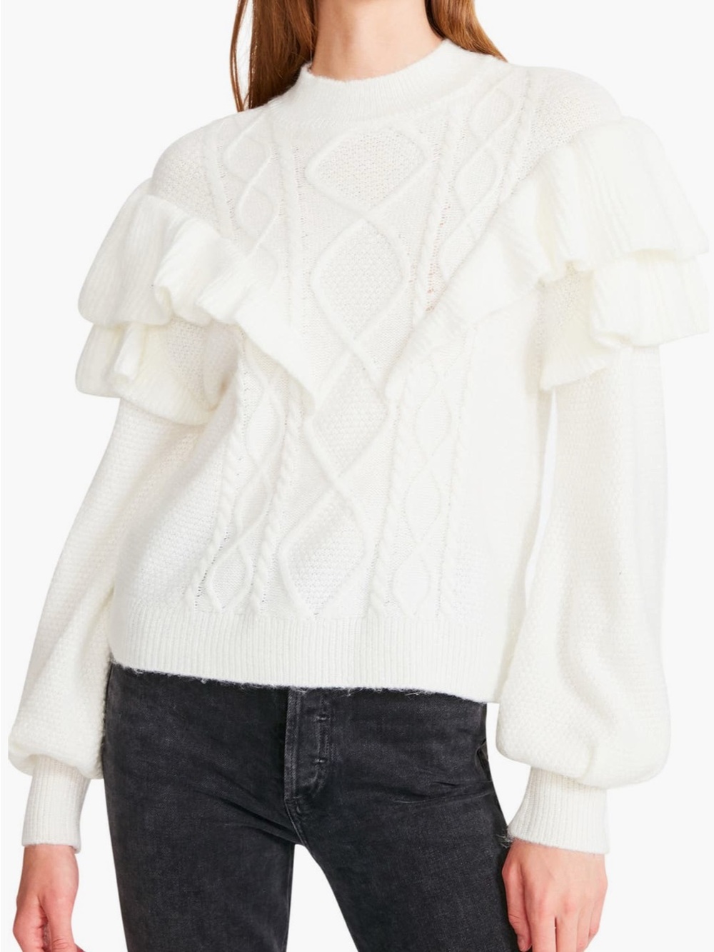 BB Dakota Steve Madden Women’s White Ruffle Cable Knit Sweater